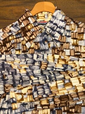 Men's Brushstroke Print Dress Shirt in Blue, Brown & Cream